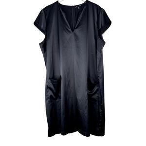 Universal Standard Black Satin Shift Dress Split V-Neck Cap Sleeve Pockets 2X